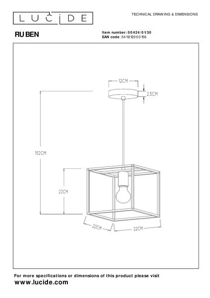 Lucide RUBEN - Hanglamp - 1xE27 - Zwart - technisch